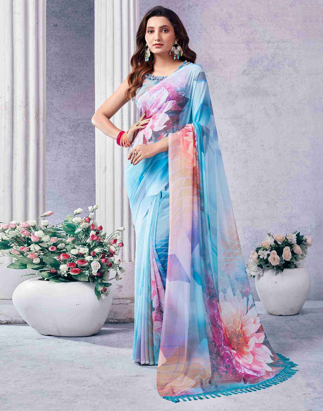 Blue Georgette Printed Saree