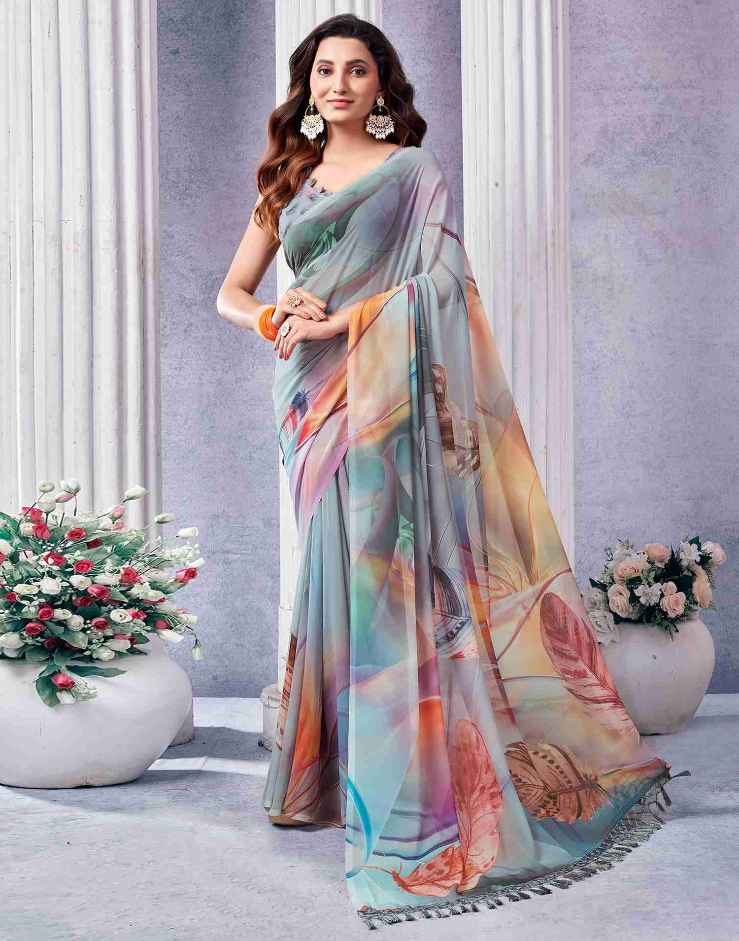 Grey Georgette Printed Saree