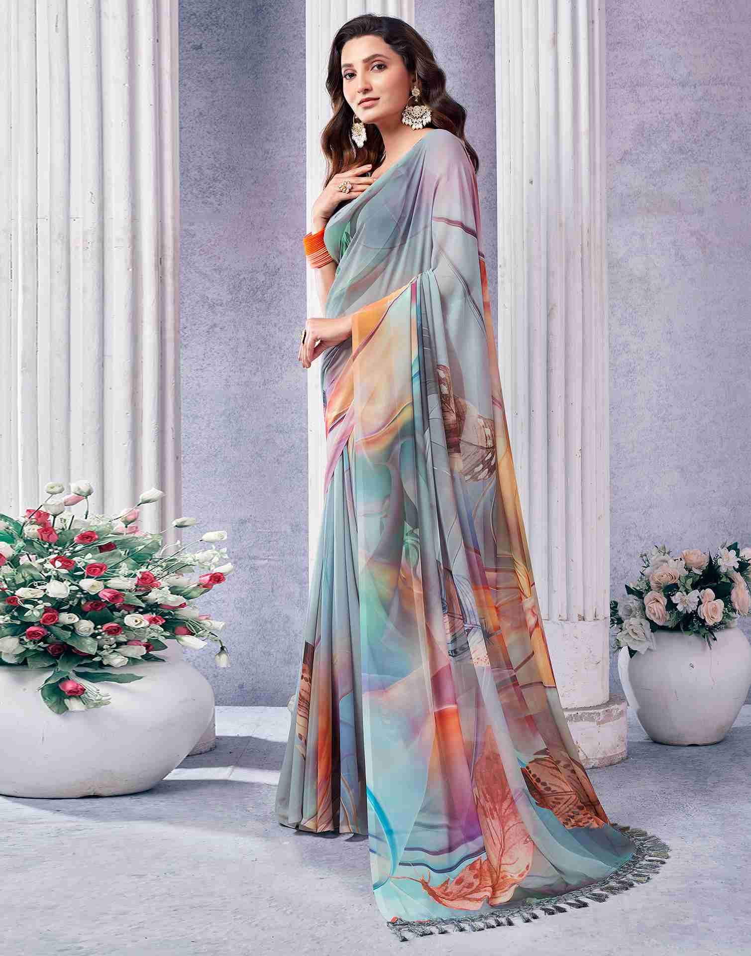 Grey Georgette Printed Saree