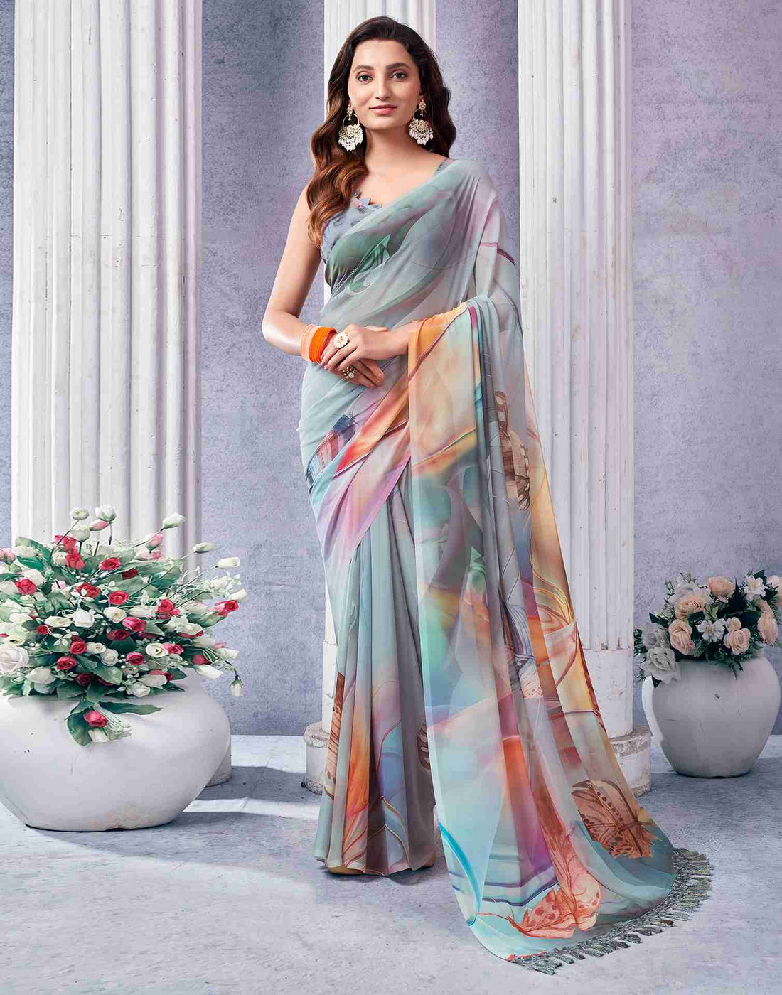 Grey Georgette Printed Saree