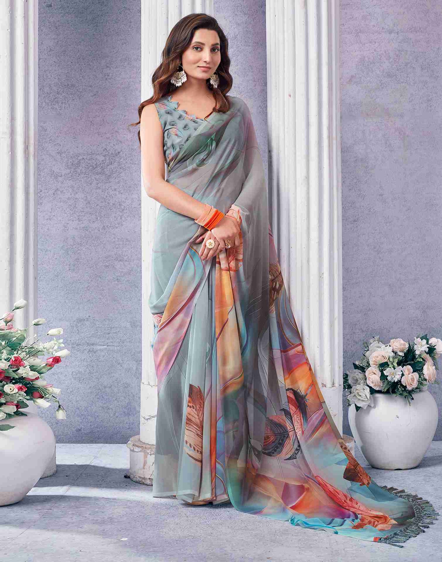 Grey Georgette Printed Saree