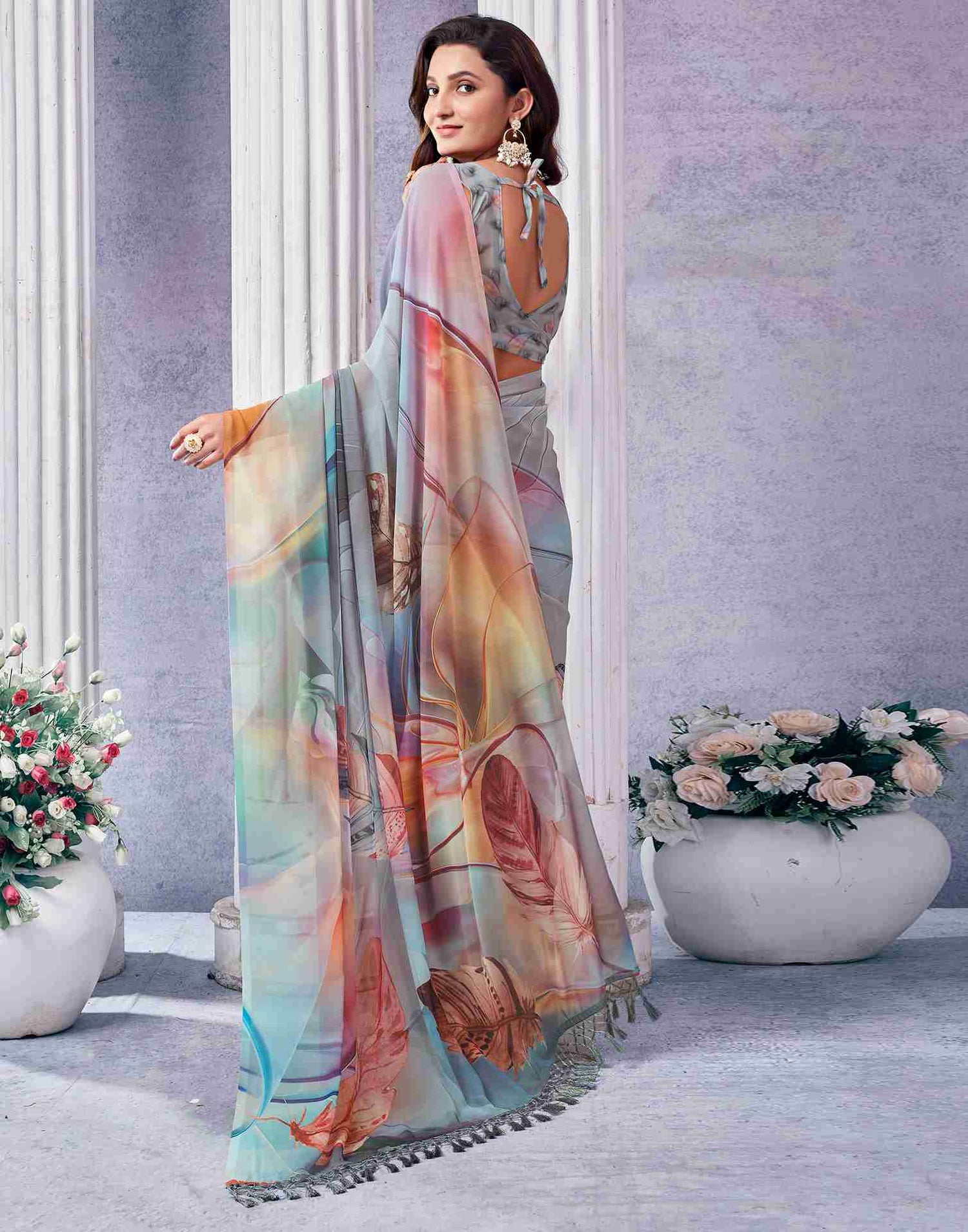 Grey Georgette Printed Saree