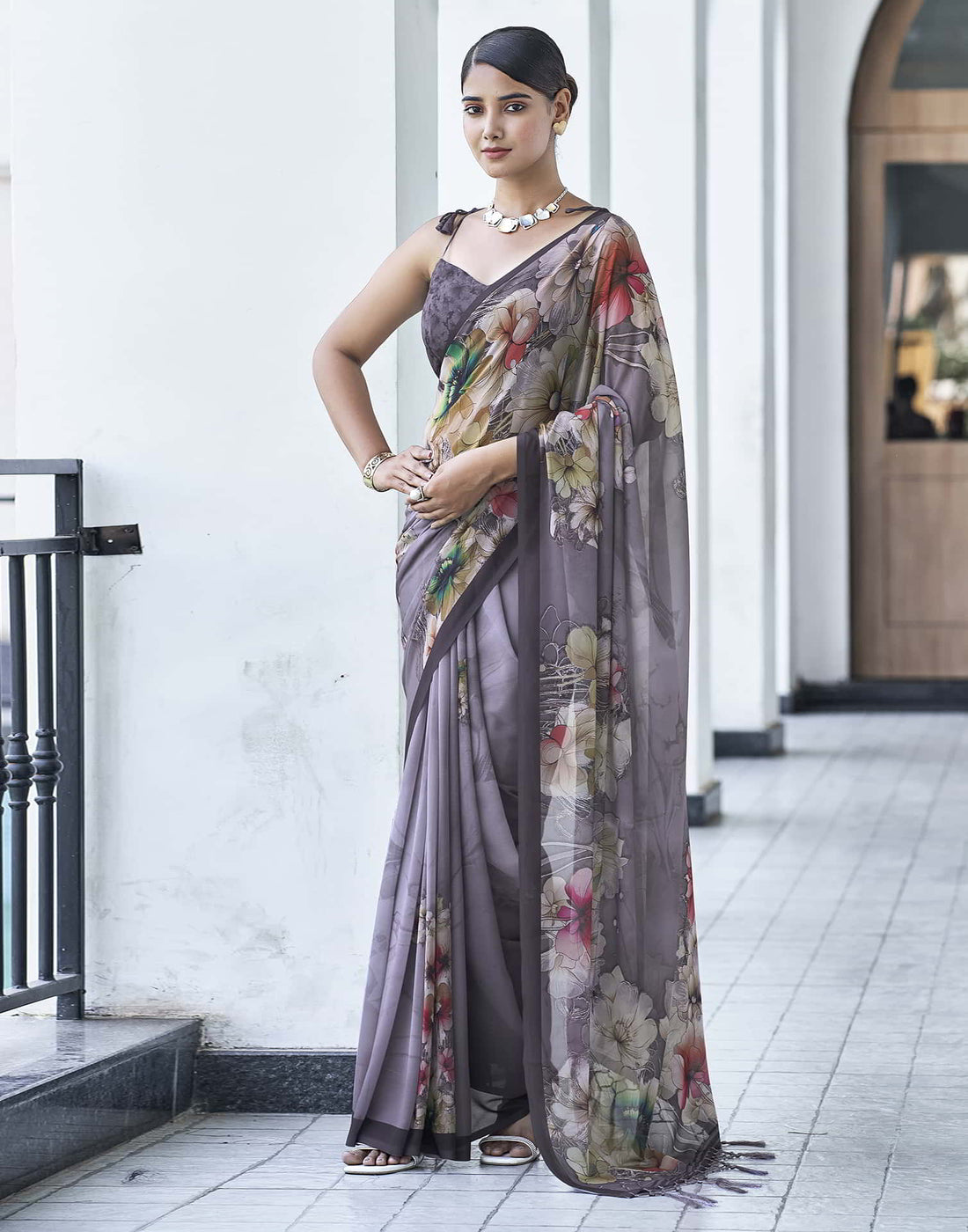 Mauve Printed Georgette Saree