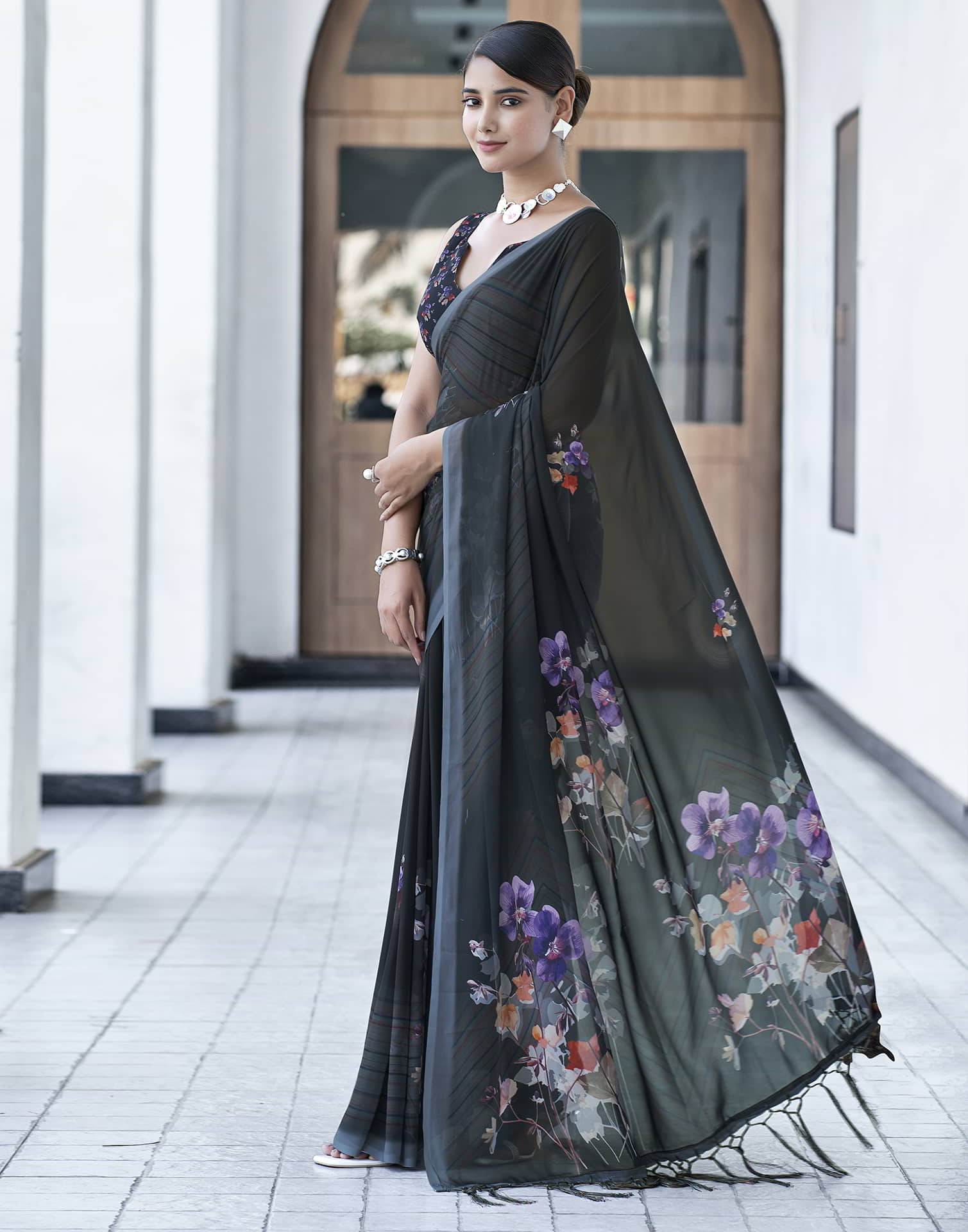 Black Printed Georgette Saree