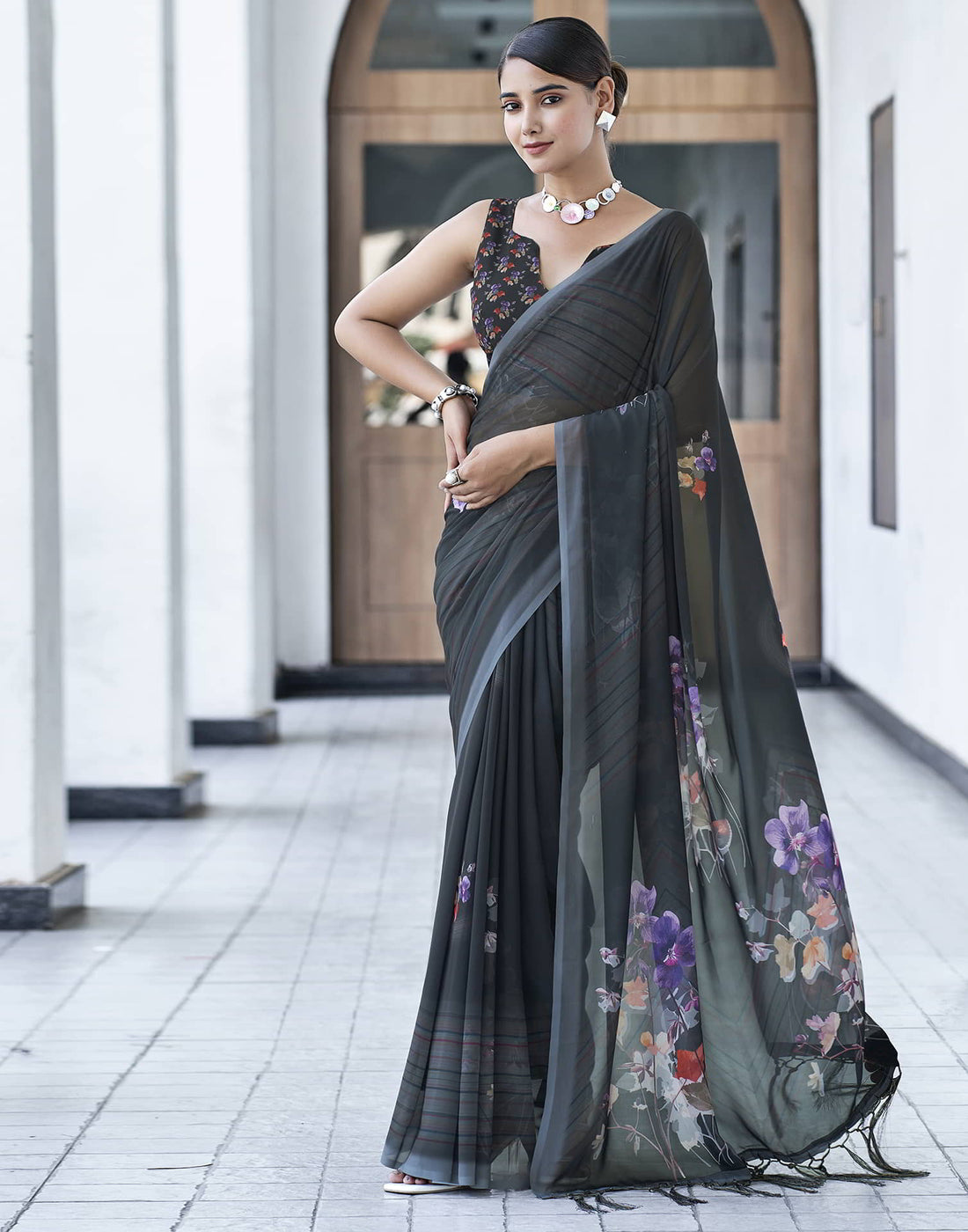 Black Printed Georgette Saree