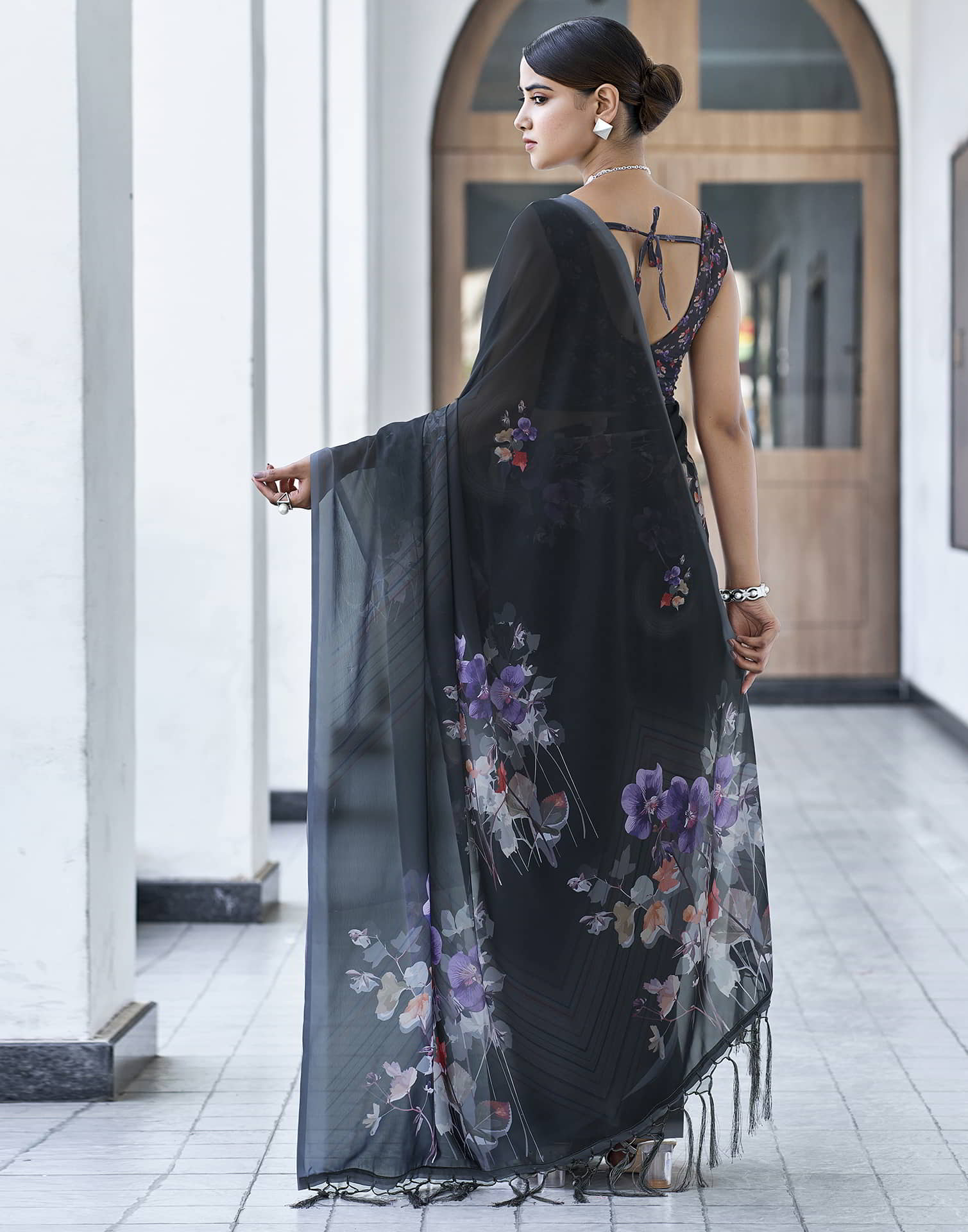 Black Printed Georgette Saree