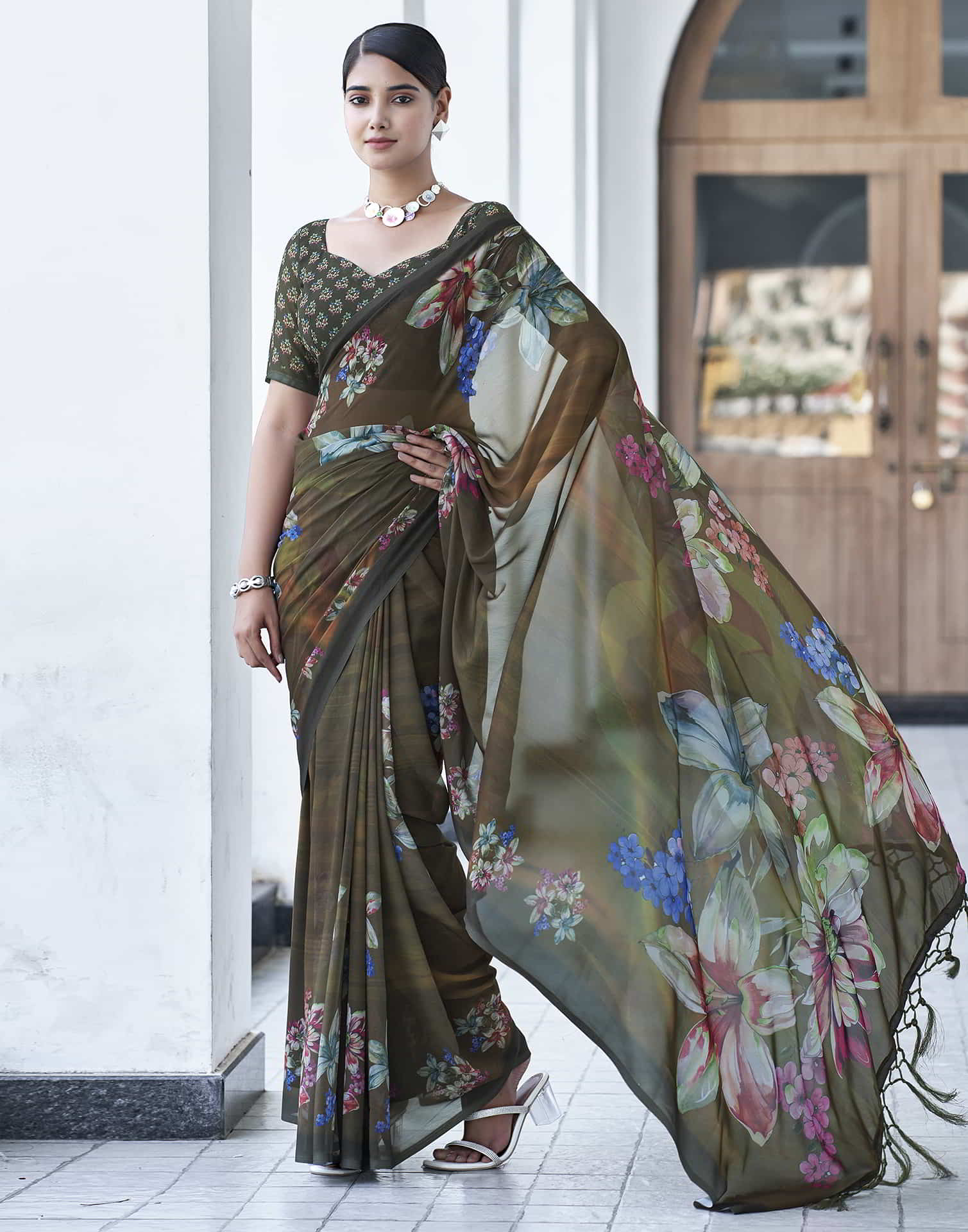 Green Printed Georgette Saree