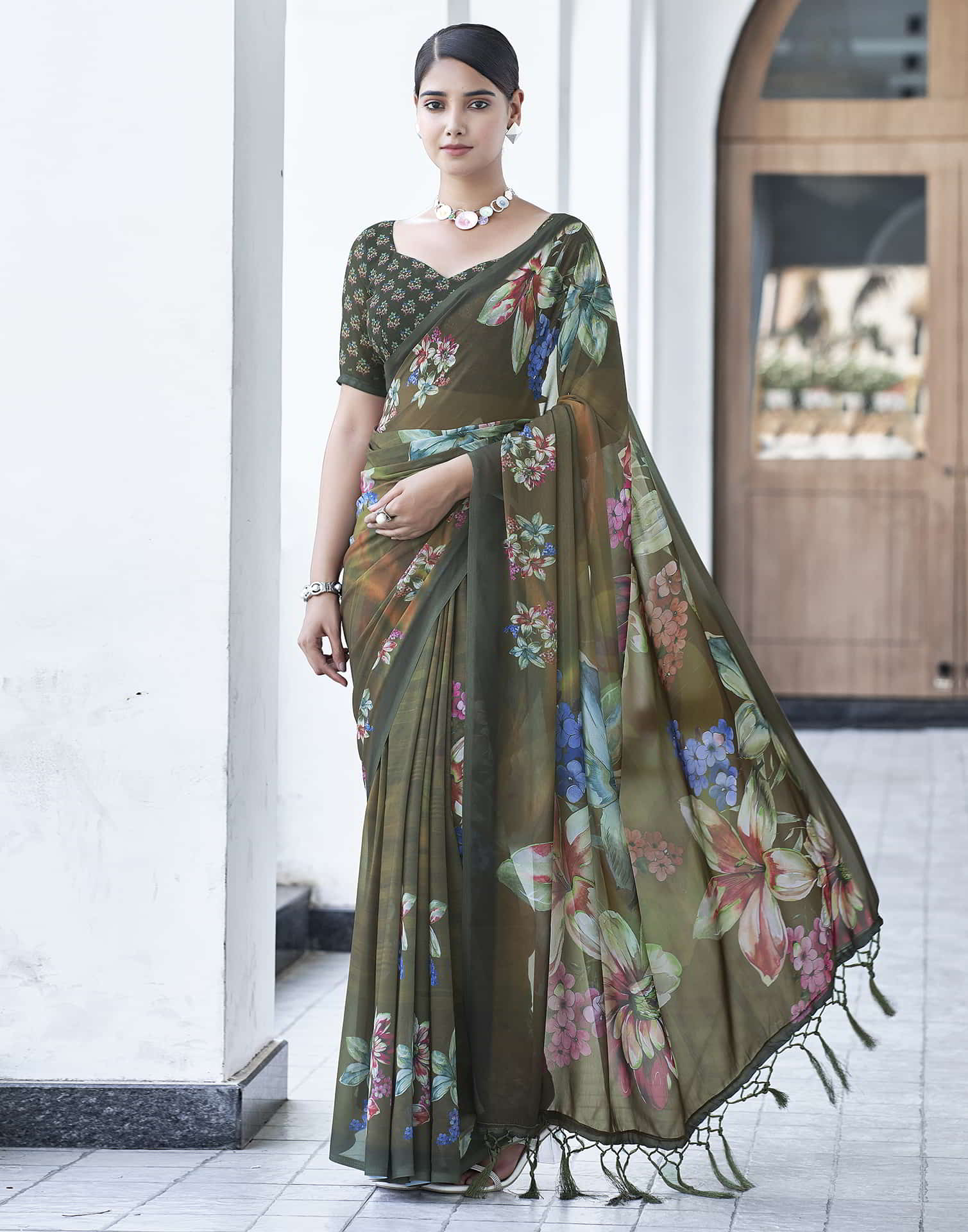 Green Printed Georgette Saree