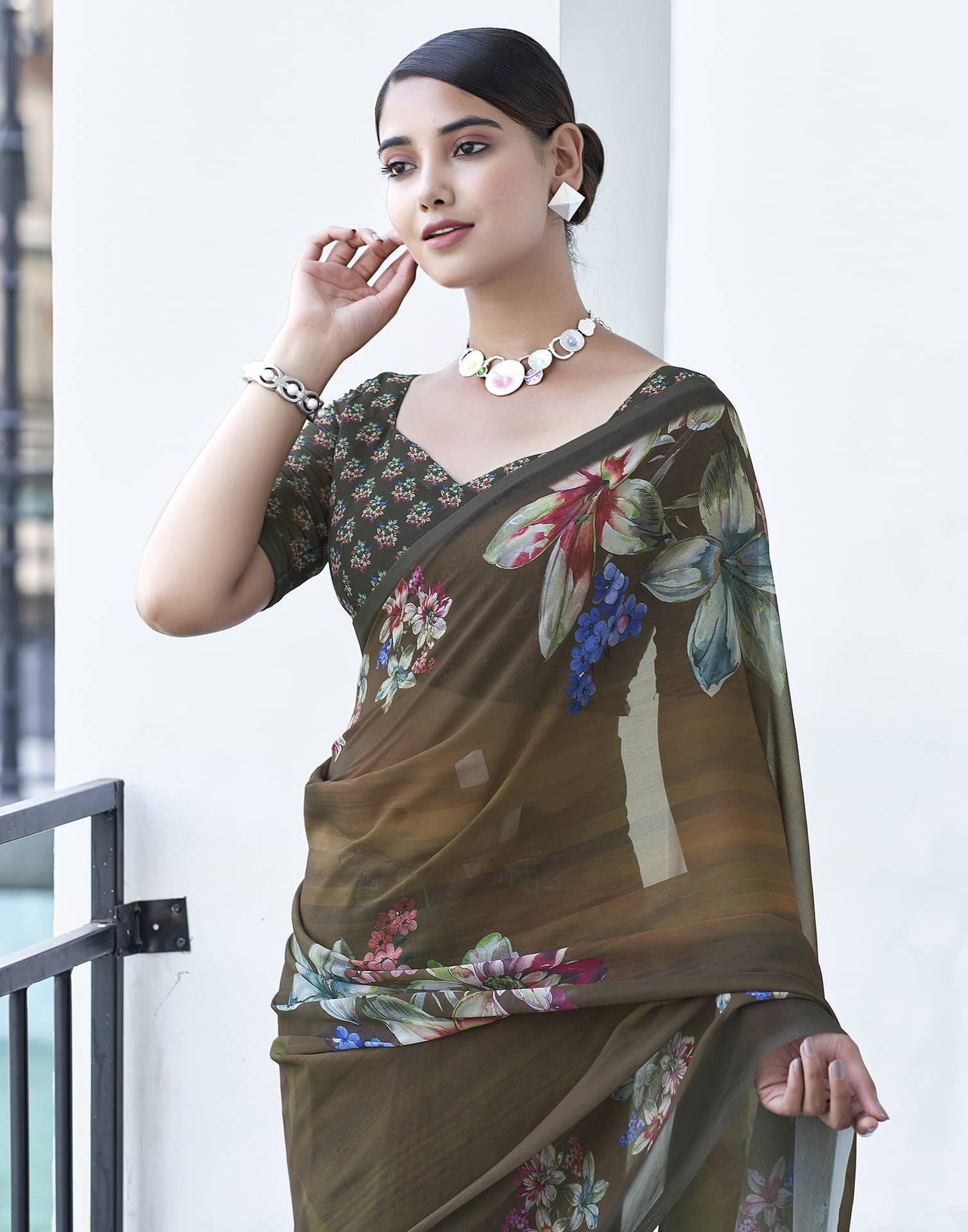 Green Printed Georgette Saree