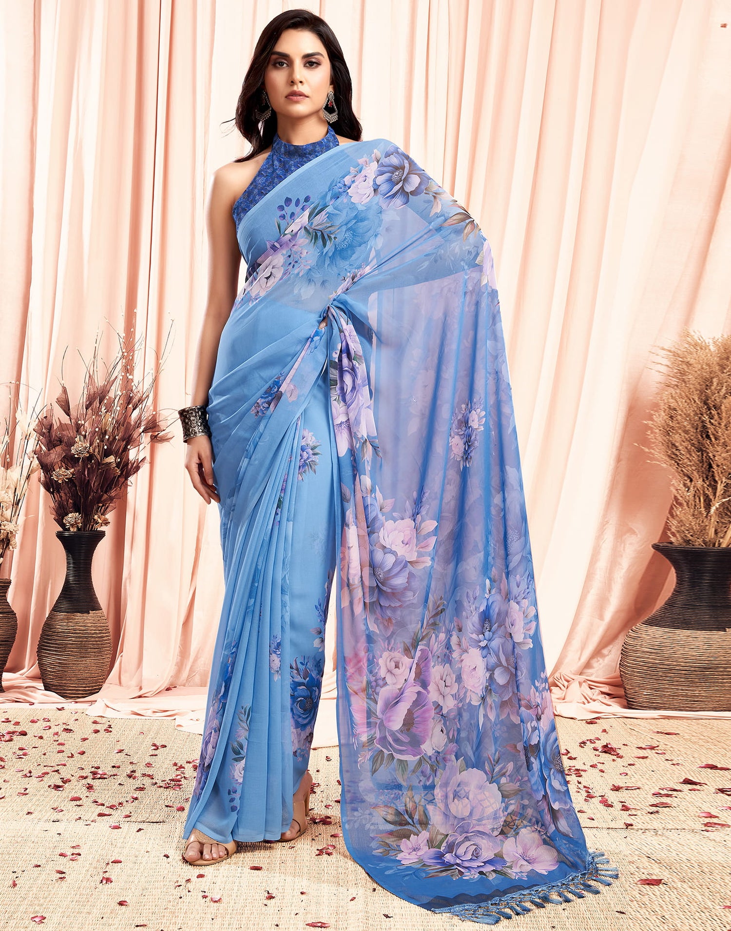 Blue Printed Georgette Saree