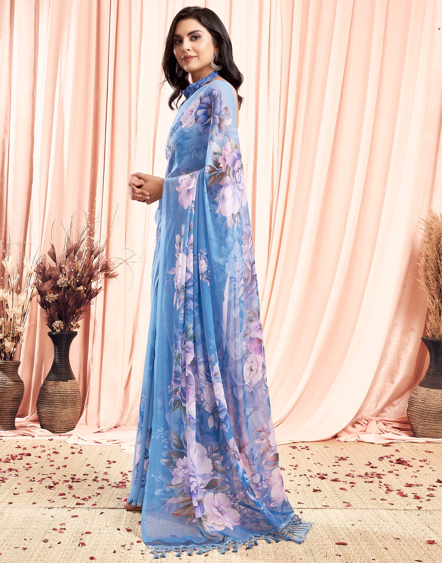 Blue Printed Georgette Saree