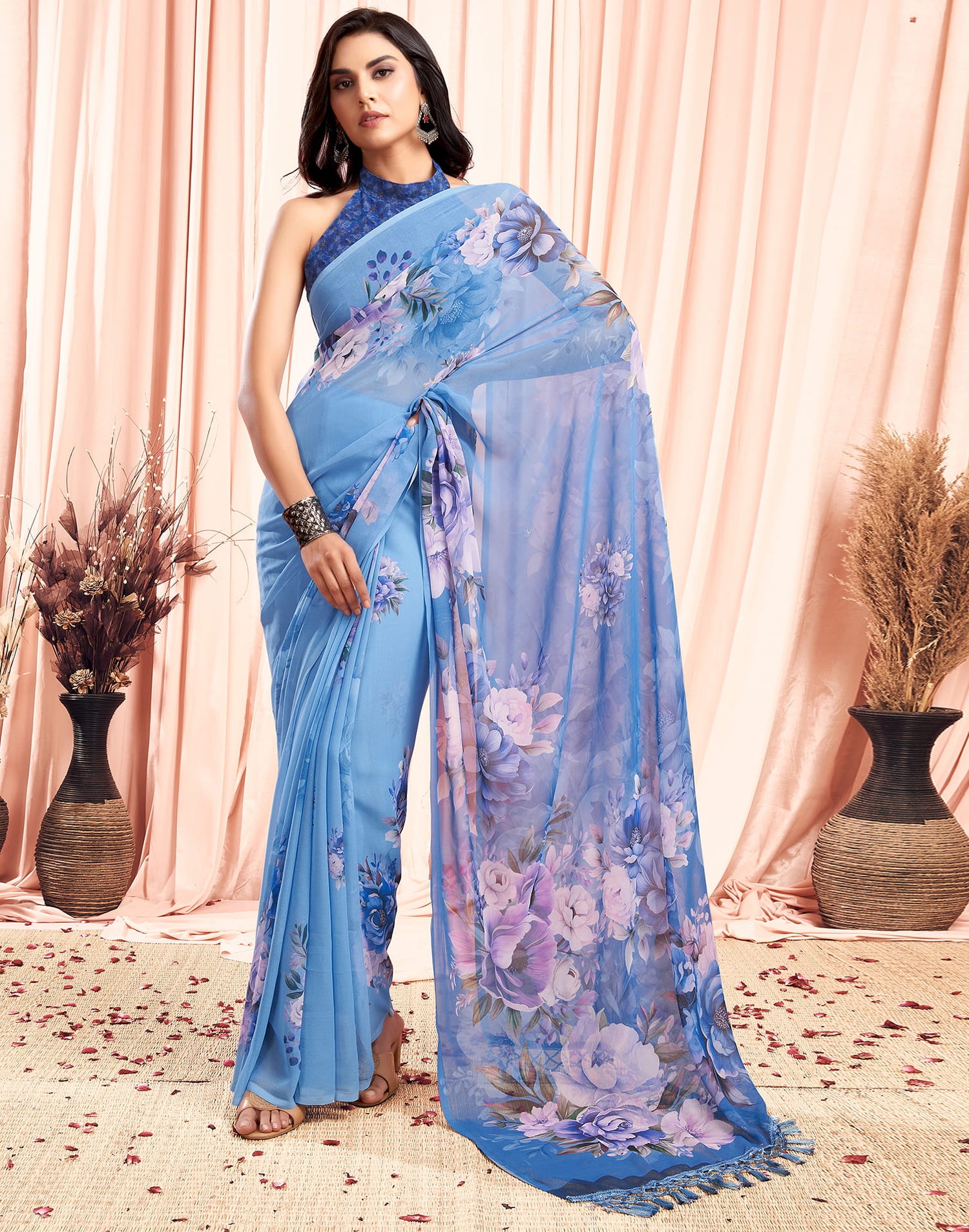 Blue Printed Georgette Saree