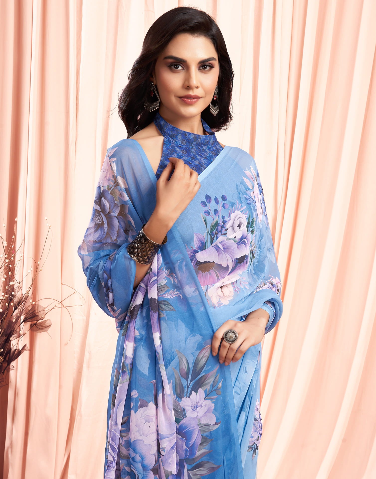 Blue Printed Georgette Saree