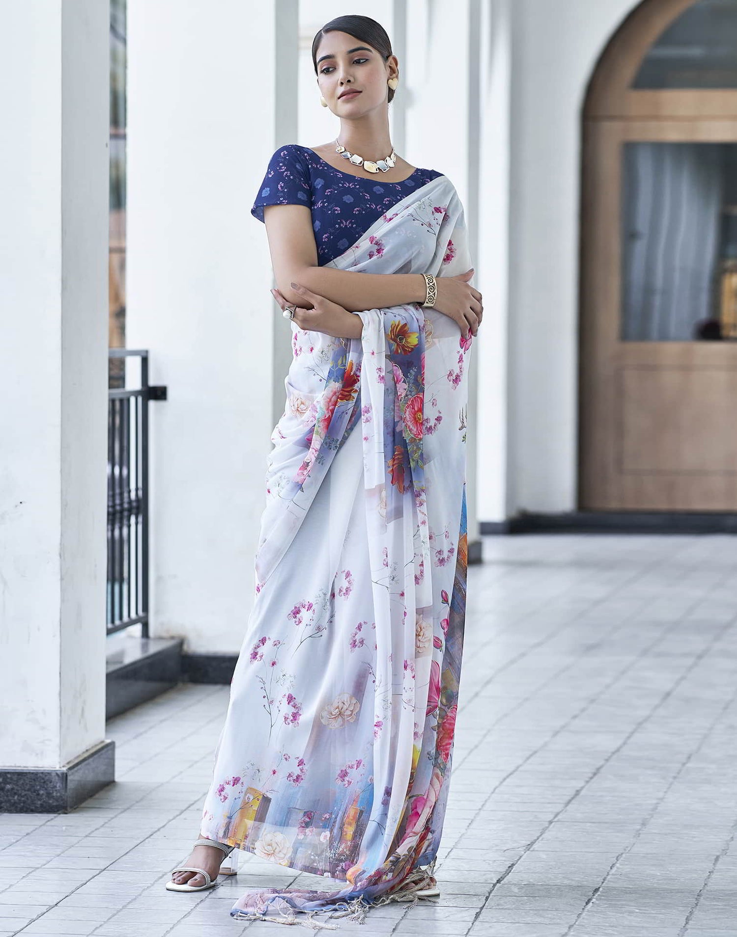 White Printed Georgette Saree