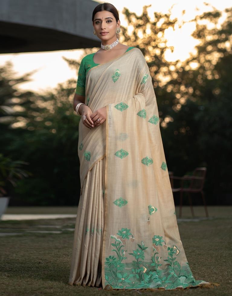 Beige Cotton Woven Saree