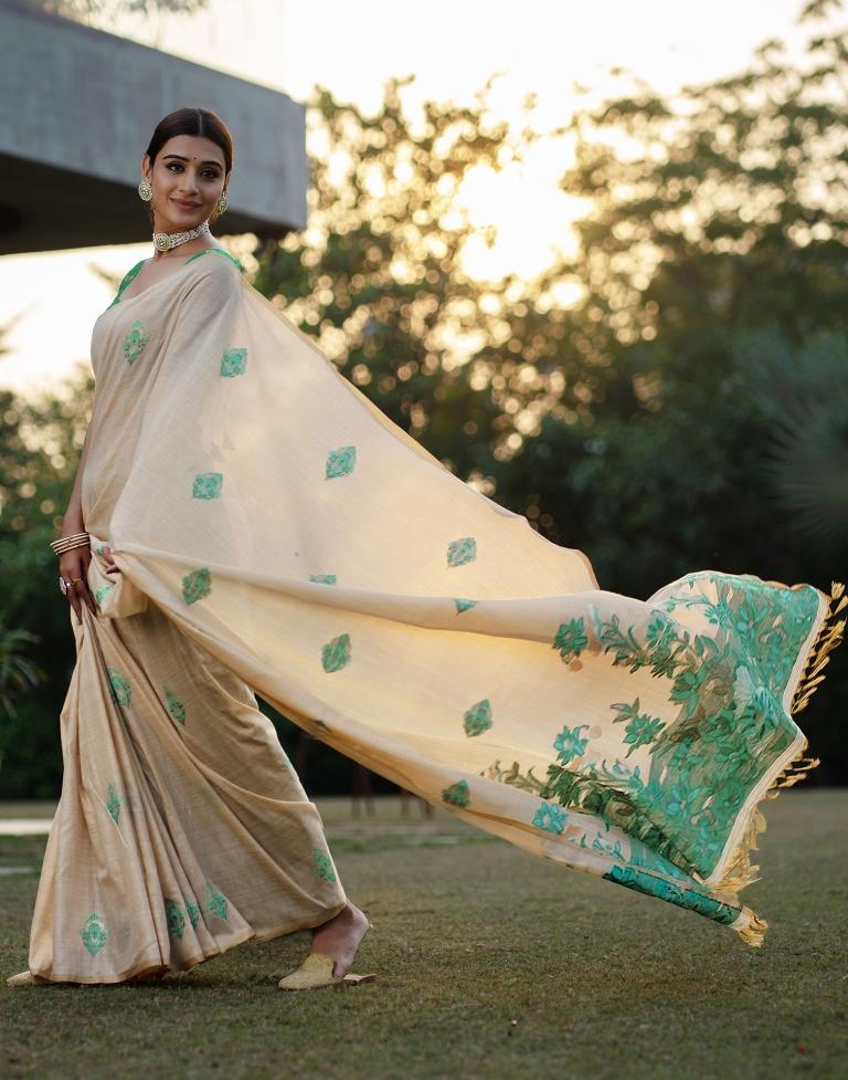 Beige Cotton Woven Saree