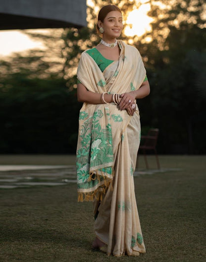 Beige Cotton Woven Saree