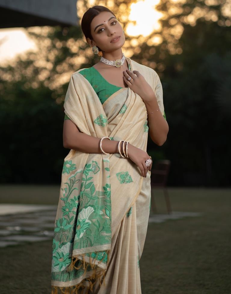 Beige Cotton Woven Saree