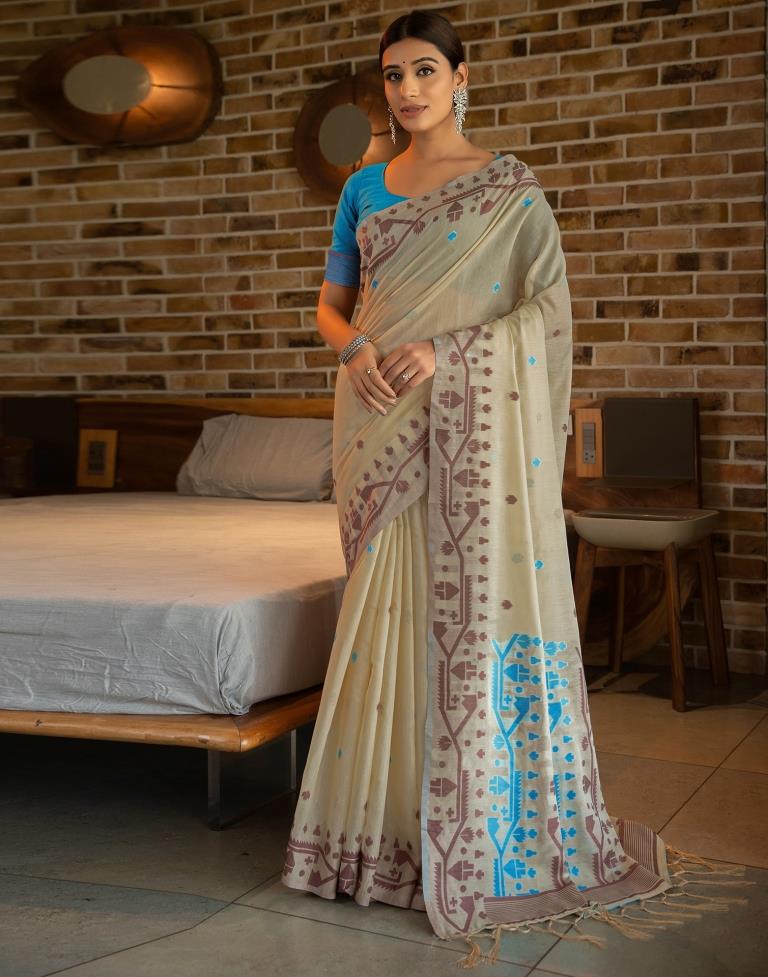 Beige Cotton Woven Saree