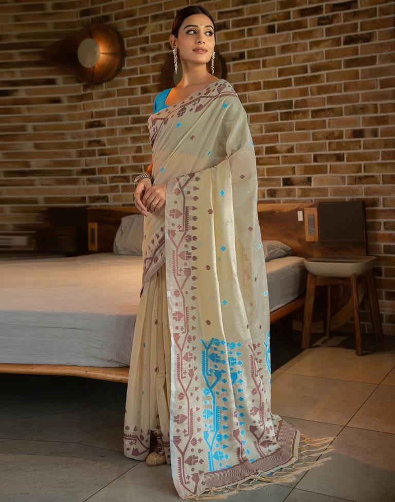 Beige Cotton Woven Saree