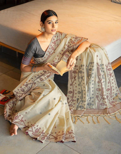 Beige Cotton Woven Saree