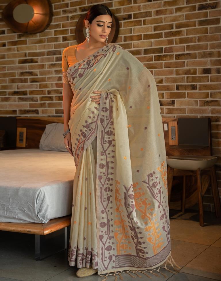 Beige Cotton Woven Saree