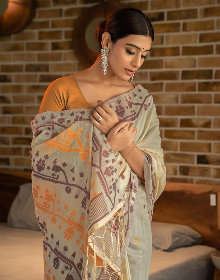 Beige Cotton Woven Saree