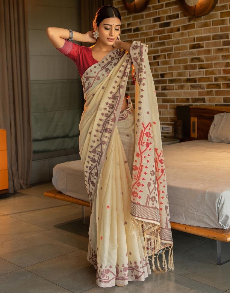 Beige Cotton Woven Saree