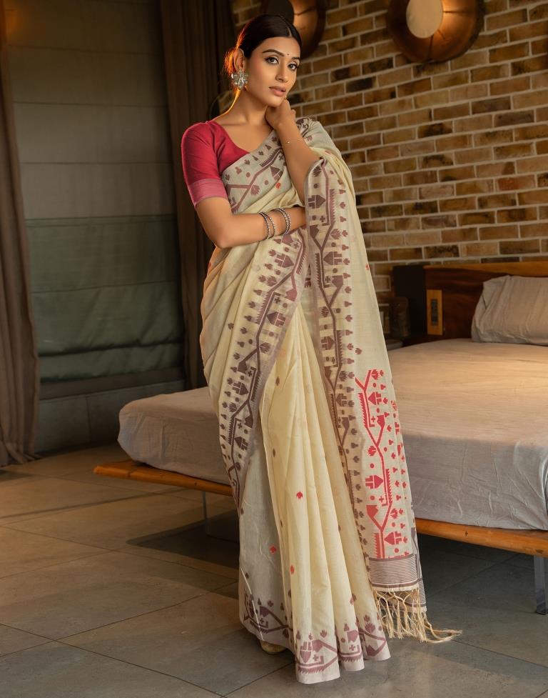 Beige Cotton Woven Saree