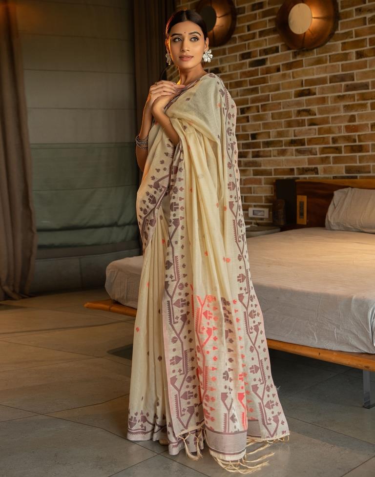 Beige Cotton Woven Saree