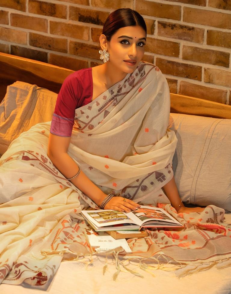 Beige Cotton Woven Saree