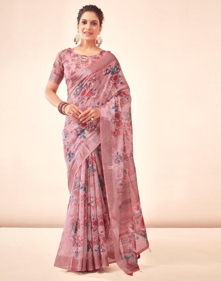 Rose Pink Linen Printed Saree