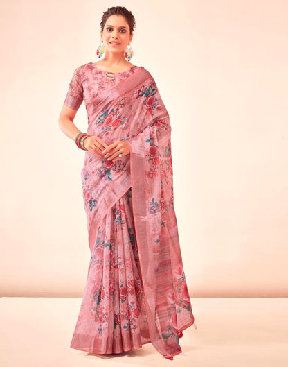 Rose Pink Linen Printed Saree