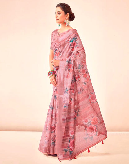 Rose Pink Linen Printed Saree