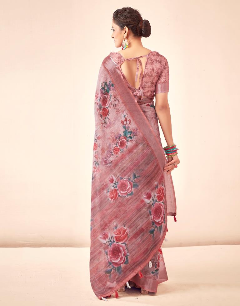 Rose Pink Linen Printed Saree