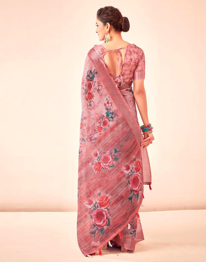 Rose Pink Linen Printed Saree