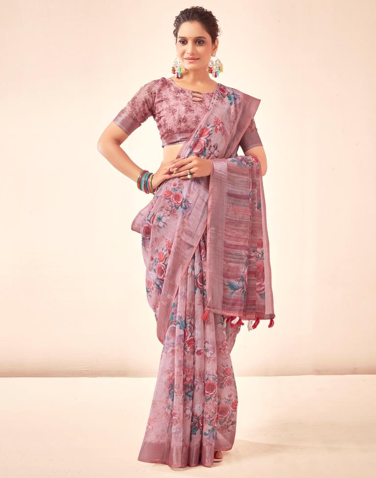 Rose Pink Linen Printed Saree