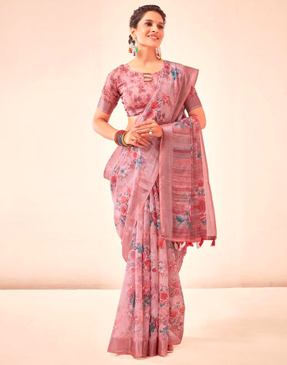 Rose Pink Linen Printed Saree