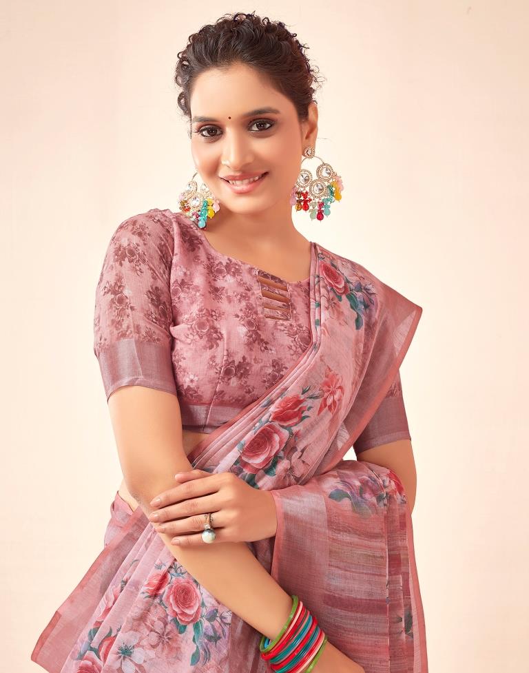 Rose Pink Linen Printed Saree