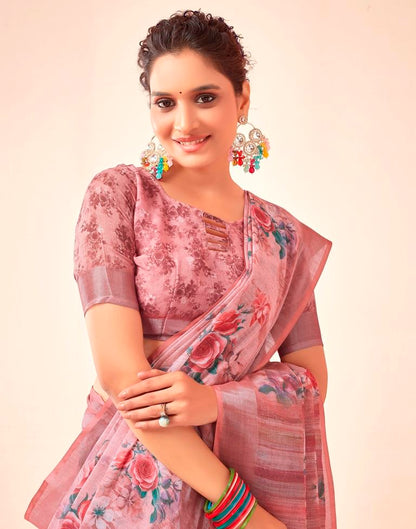 Rose Pink Linen Printed Saree