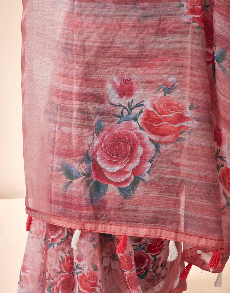 Rose Pink Linen Printed Saree