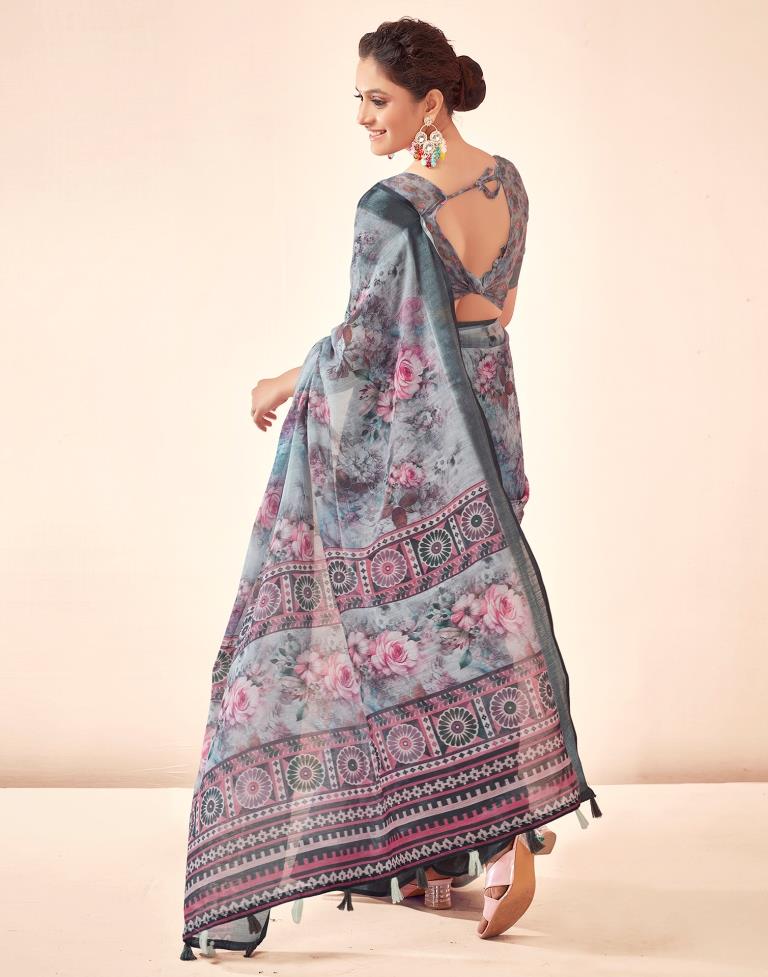 Grey Linen Printed Saree