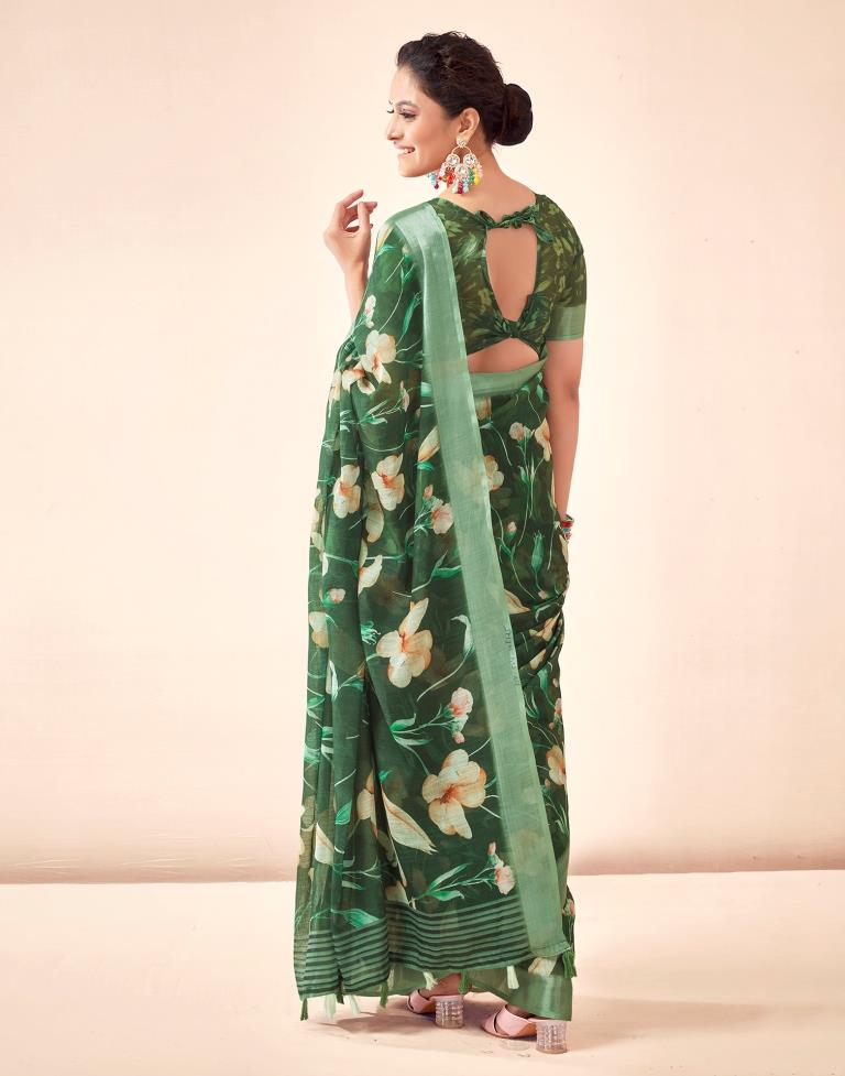 Dark Green Linen Printed Saree