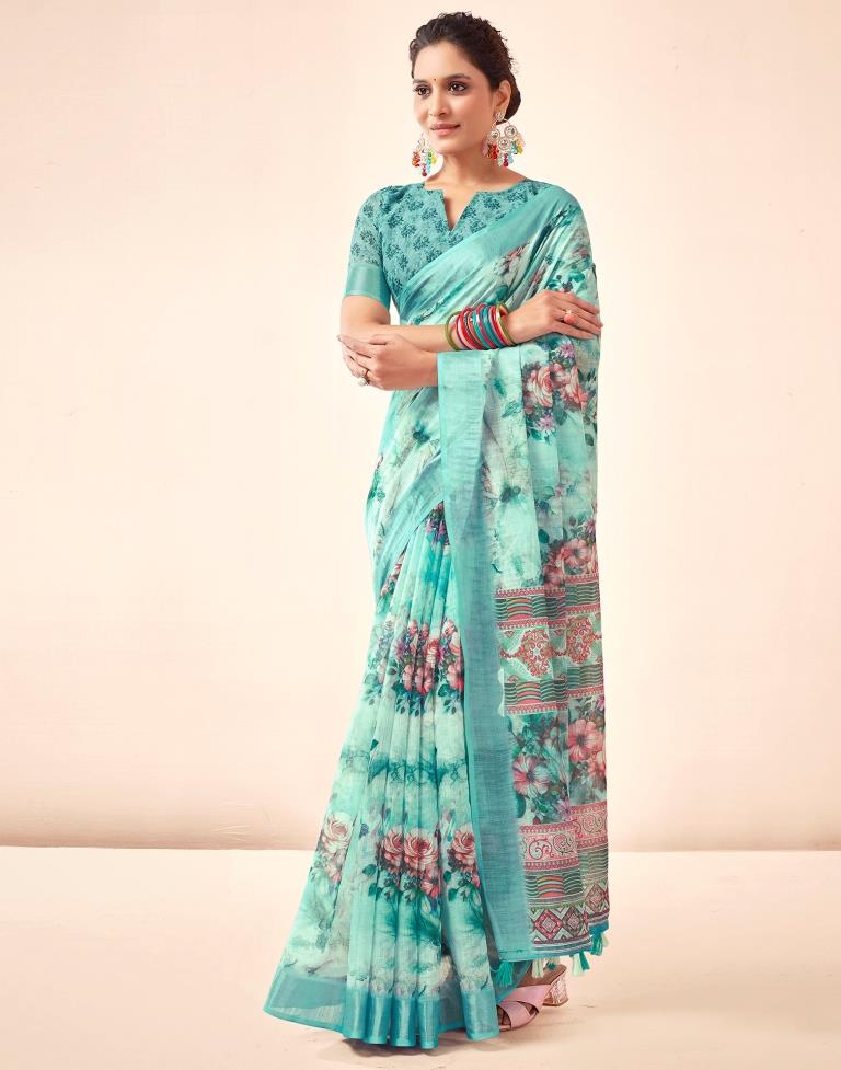 Blue Linen Printed Saree