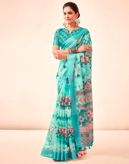 Blue Linen Printed Saree