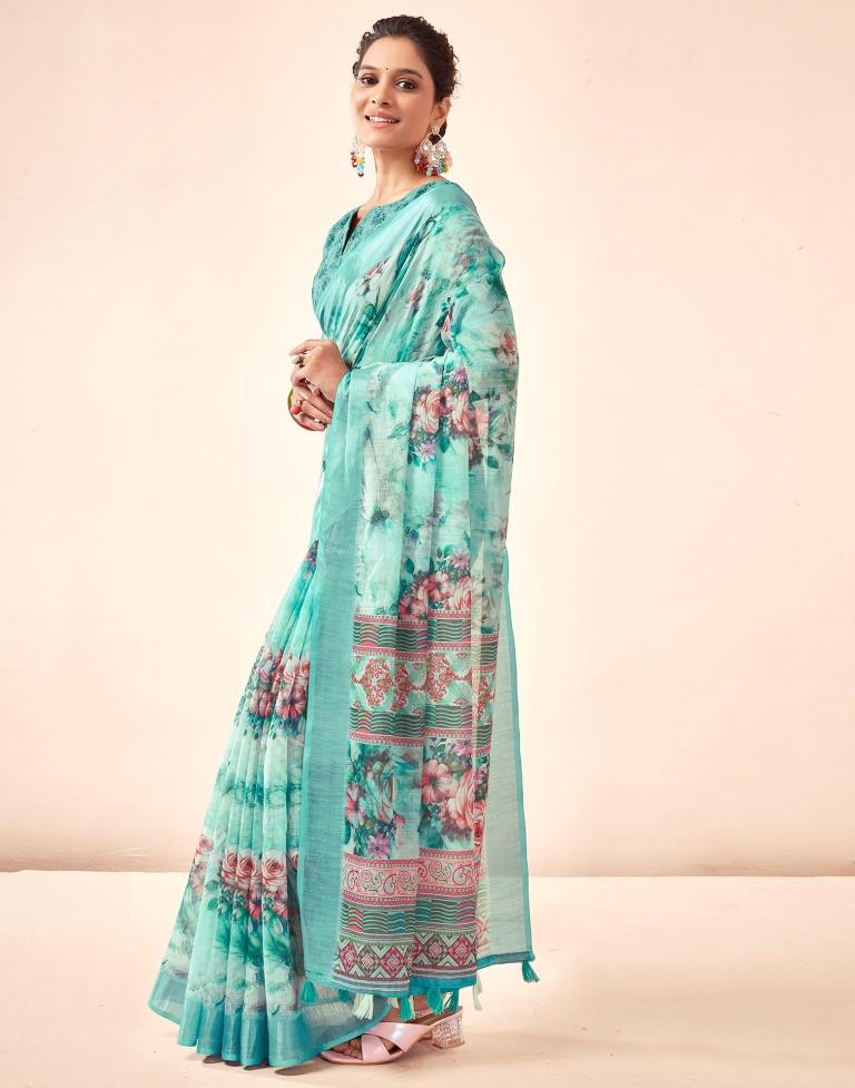 Blue Linen Printed Saree