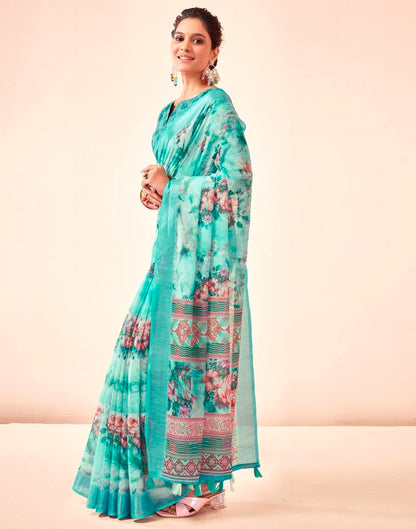 Blue Linen Printed Saree