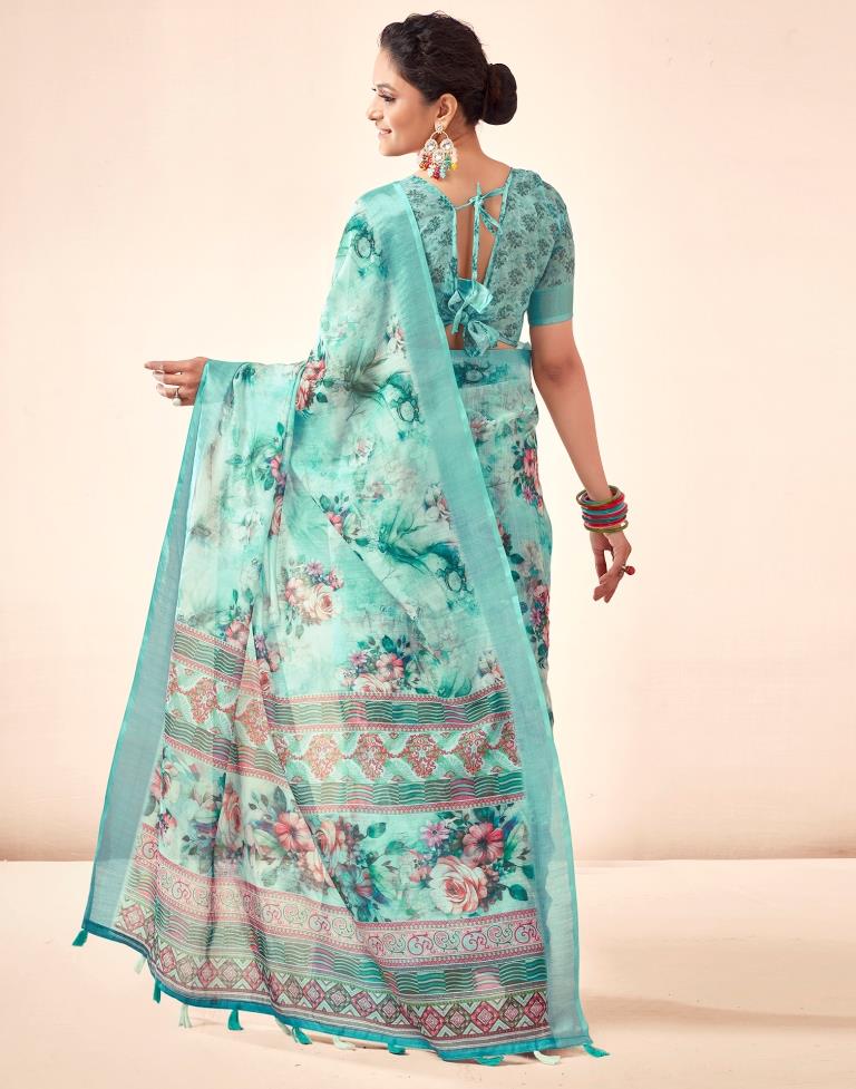 Blue Linen Printed Saree