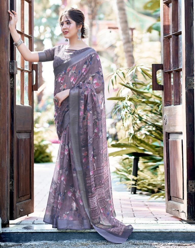 Dusty Pink Linen Printed Saree