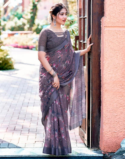 Dusty Pink Linen Printed Saree